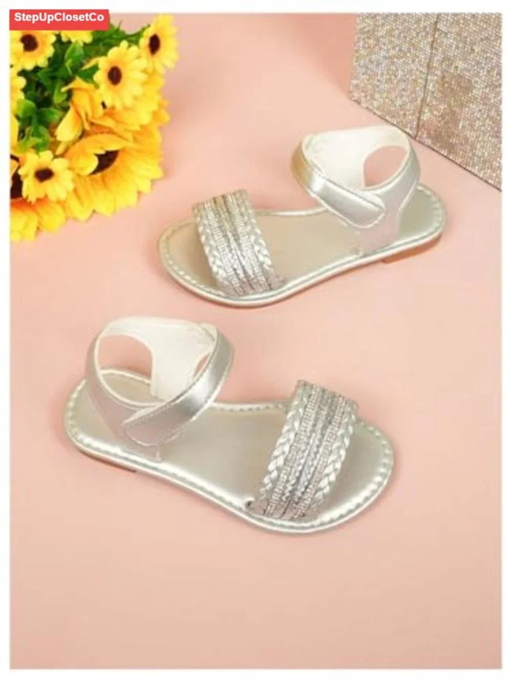 Girls Braided Flat Sandals Sparkly Open Toe Ankle Strap Summer Dress Shoes
